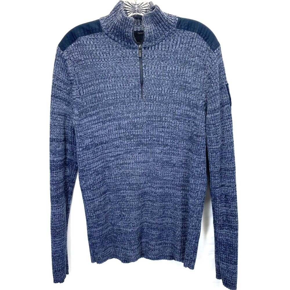 Calvin Klein Jeans Men's Sweater Size Medium Gray 1/4 Zip Ribbed Shoulder Patch